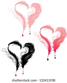 Three hearts and feathers and drops.