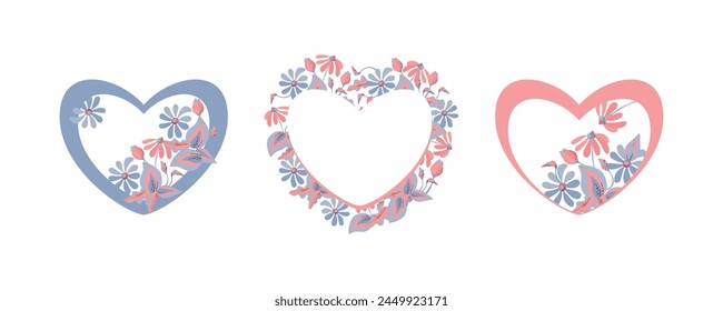 Three hearts with flowers. Vector illustration. Blue and pink hearts on a white background.