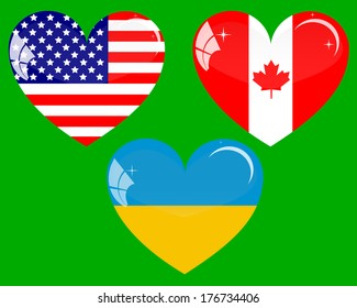 three hearts in the form of flags on a green background