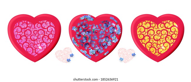Three hearts with glitter and flowers. Vector illustration. Design concept for Valentine's day greeting card, holiday gift card, banner, flyer.