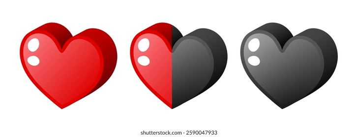 Three hearts. HP bar. Design elements for video games. Vector clipart isolated on grey background.