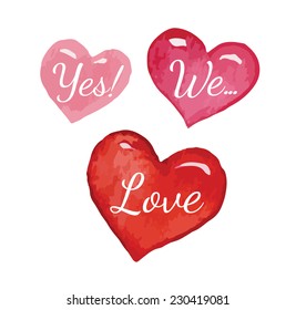 three hearts with lettering - watercolor vector set