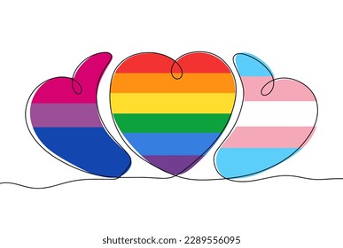 Three hearts with LGBT, transgender and bisexual flags. The International Day Against Homophobia, Transphobia and Biphobia. Vector illustration for different uses.