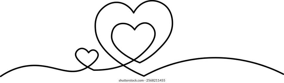 Three hearts and love sign in continuous one line drawing. Love symbol on transparent background. Banner for valentines day. Abstract hearts. Editable stroke, hand drawn sketch minimalism illustration
