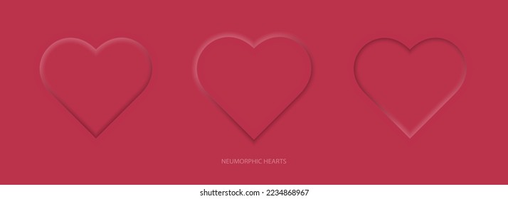 Three hearts in neumorphic style on a magenta background. Valentine's Day greeting card. Vector set.
