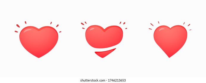 Three hearts on white background, flat cartoon vector illustration