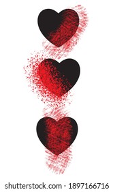 Three hearts on a white background, black heart and paint splashes, love, Valentine's day, background of hearts