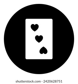 Tres corazones jugando cartas en el centro. Símbolo blanco aislado en círculo negro. Ilustración del vector sobre fondo blanco