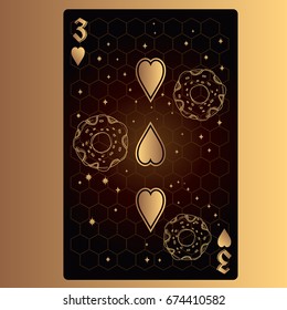 Three of hearts. Playing card with original design on the theme of space.