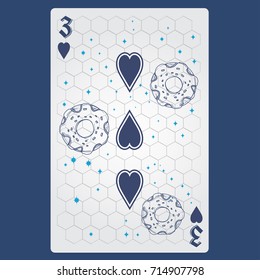 Three of hearts. Playing card with original design on the theme of space.