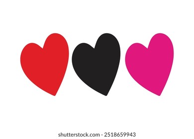 Three hearts in red, black, and pink arranged side by side on a white background. Bold, minimalist design, suitable for love, romance, or creative projects.