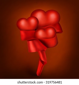 Three hearts with red elegant ribbon. Valentine card. Vector illustration