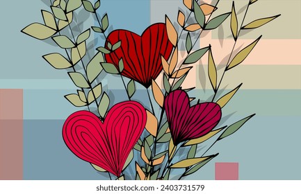 Three hearts in red tones stand among the green leafy branches. The shadows of the branches are reflected in the background decorated with blue, green, pink and yellow squares. Invitation cards banner