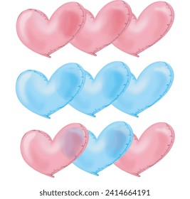 Three hearts in a row, red, blue, and alternating red and blue. Valentine's Day celebration illustration