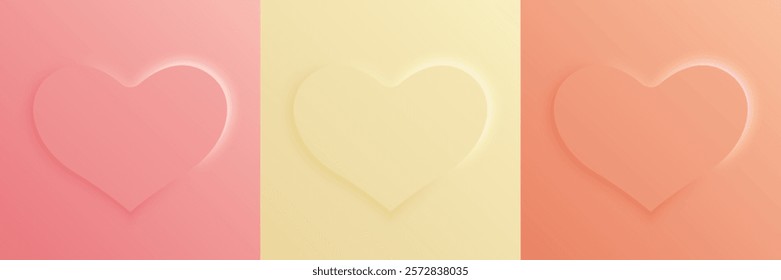 Three hearts in soft pastel shades of pink and peach with glowing effects. Minimalist composition symbolizing love and connection