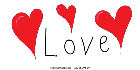 three hearts and the text love on a white background