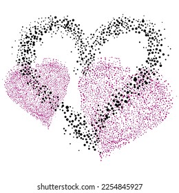 three hearts t-shirt design made up of paint drops isolated on white. 