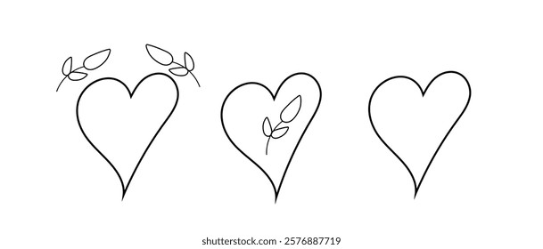 three hearts twigs black outline on white background,