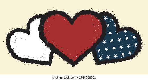 Three hearts in United States national flag colors. Vector illustration