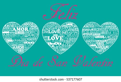 Three hearts Valentine's Day card in spanish language.