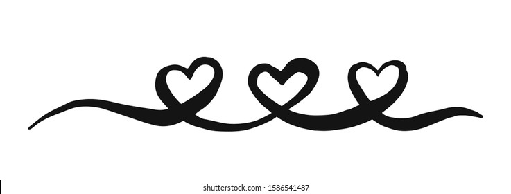 Three Hearts Valentine's Day swash hand painted with brush and ink, isolated on white background. Vector illustration.