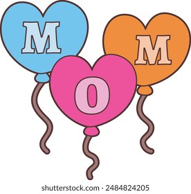 three heart-shaped balloons colored blue, orange and pink with the words 'Mom' written on them