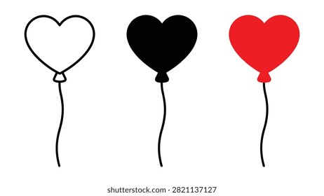 Three heartshaped balloons in outline black and filled red colors on transparent background