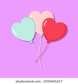 Three heart-shaped balloons in pink, red, and mint green, floating against a purple background. Perfect for Valentine's Day or love-themed designs.