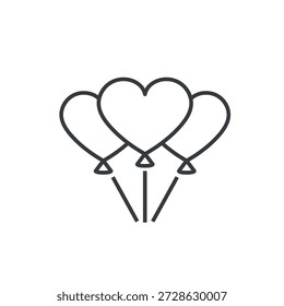 Three heart-shaped balloons tied with strings thin line icon. Editable stroke. Symbol of love, celebration, romance, and joy. Ideal for Valentine’s Day designs, cards, invitations, decorations. Vector