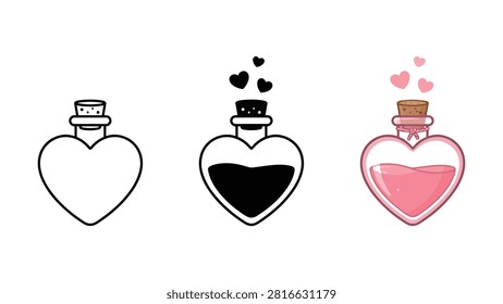 Three heartshaped bottles containing clear liquid black liquid and pink liquid with small icons floating above each