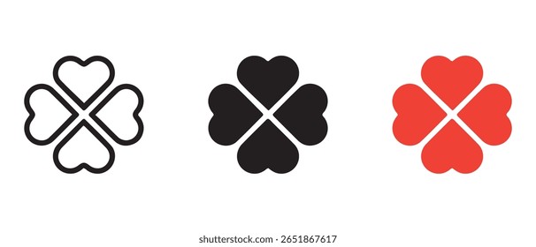 Three Heart-Shaped Clover Icons. Minimalist Design in Black and Red Variations.