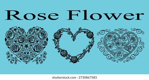 Three heartshaped rose flower designs on blue background