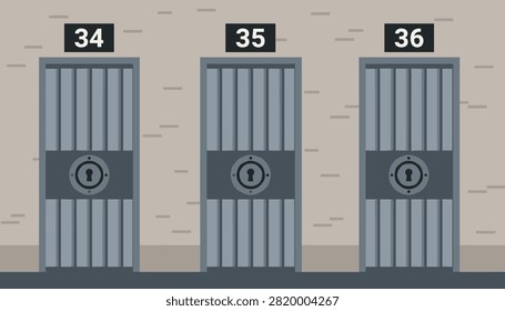 Three heavy dark metal prison cell doors with barred windows numbered thirty-four thirty-five and thirty-six.