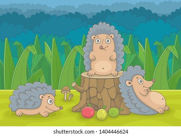 Three hedgehogs in forest. Funny cartoon and vector illustration