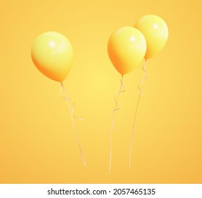 Tres globos de helio aislados en fondo amarillo, elementos 3d de renderización para cumpleaños y fiesta de vacaciones.