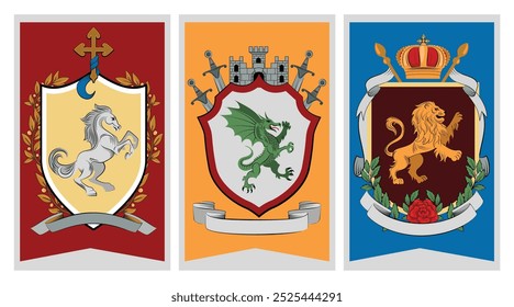 Three heraldic banners featuring different coats of arms. 