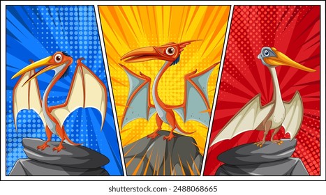 Three heroic pterodactyls on colorful backgrounds