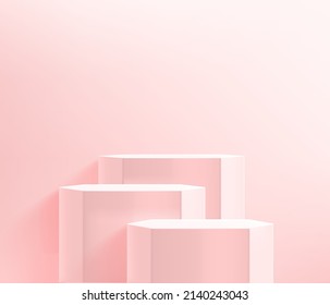 Three hexagon podiums on pink interior. 3d vector showcase