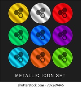 Three hexagons cell symbol 9 color metallic chromium icon or logo set including gold and silver