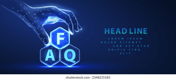 Three hexagons with FAQ letters and hand. FAQ chat support, AI solution, customer query, online assistant, rules quiz, virtual assistance, frequently asked questions, Artificial Intelligence concept