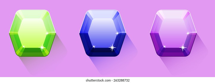 Three hexagons gems in different color, for app and mobile game.