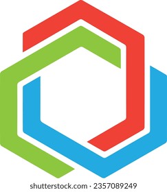Three hexagons interlocking; geometric; triangle logo; colored triangles.