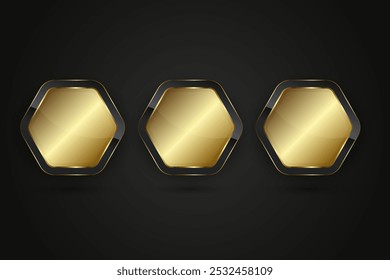 Tres hexágonos Formas premium Diseño de Vector de Botones negros y dorados con color degradado dorado, un Vector de gráfico de opciones metálicas, ilustración