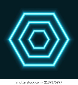 Three hexagons, turquoise colored and with neon glow effect, on a black background. Horizontal polygons, with six sides each and with a typical honeycomb shape. Illustration.