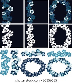 Three Hibiscus Garlands with seamless repeat, separate ornaments. In color or duo-tone.