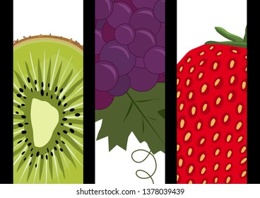 Three high headband containing illustrations of a kiwi, a black grape and a strawberry, three fruits framed in close-ups.