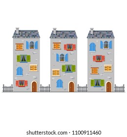 Three high vector gray houses with tile roof and many windows of different shapes and colors with shutters and doors. Traditional european street. Cartoon building. Town element. Fairy tale house