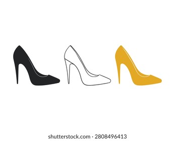 Three highheeled shoes in different colors on white background