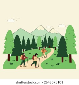 Three hikers with backpacks and trekking poles walk along a winding trail through a lush forest with mountains in the background.
