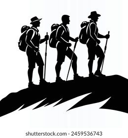 Three hikers sending a mountain silhouette, hiker silhouette, hiking man with rucksacks silhouette. Man with backpack vector design